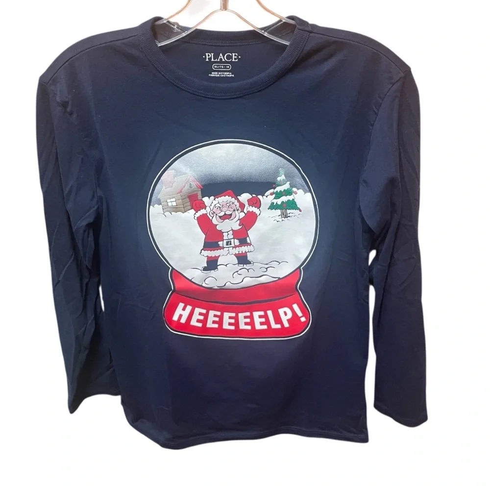 ☀️The Children's Place Dark Blue Santa Snow Globe Long Sleeve Tee XL 14